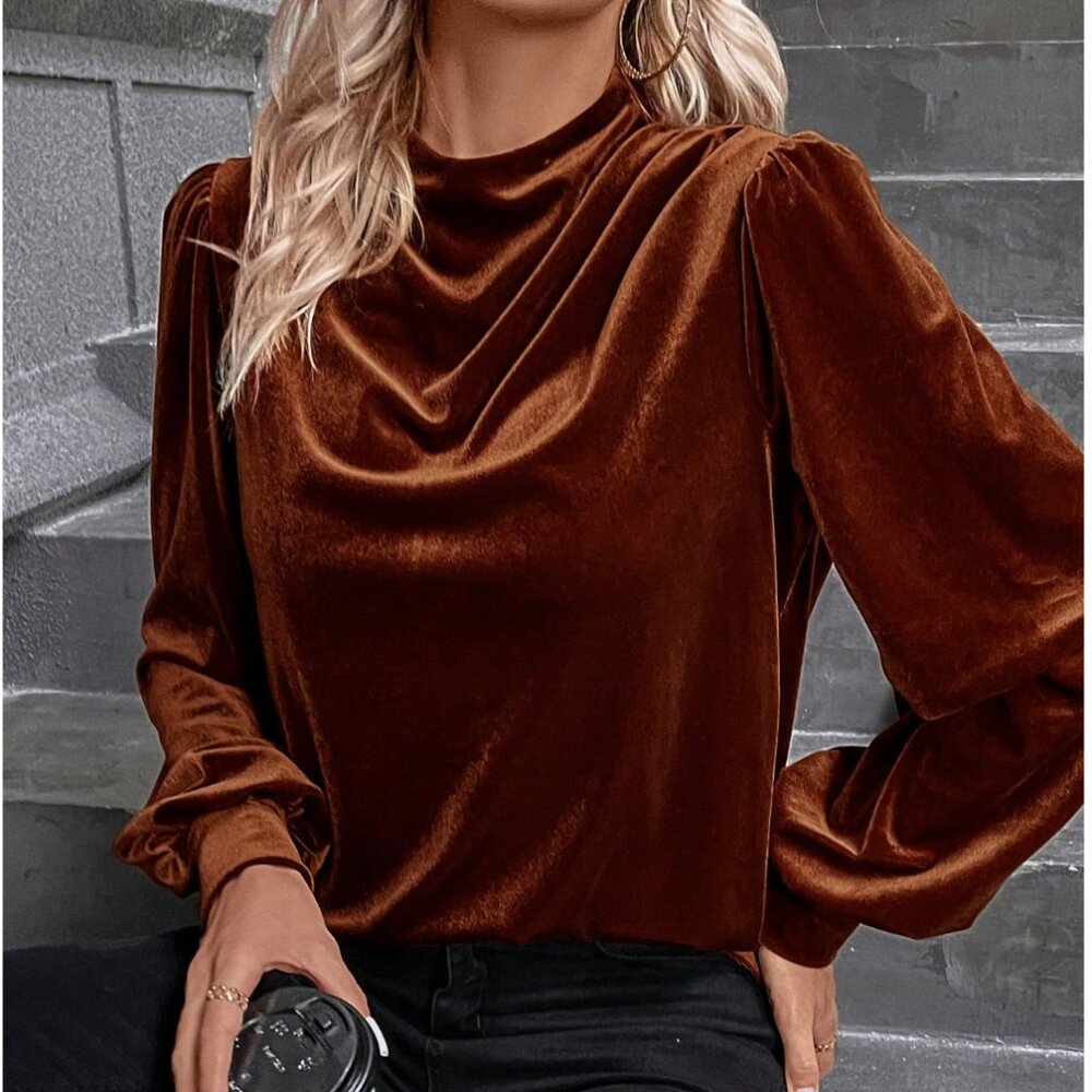 Clasi Draped Collar Lantern Sleeve Velvet Rust-Colored Blouse Top
